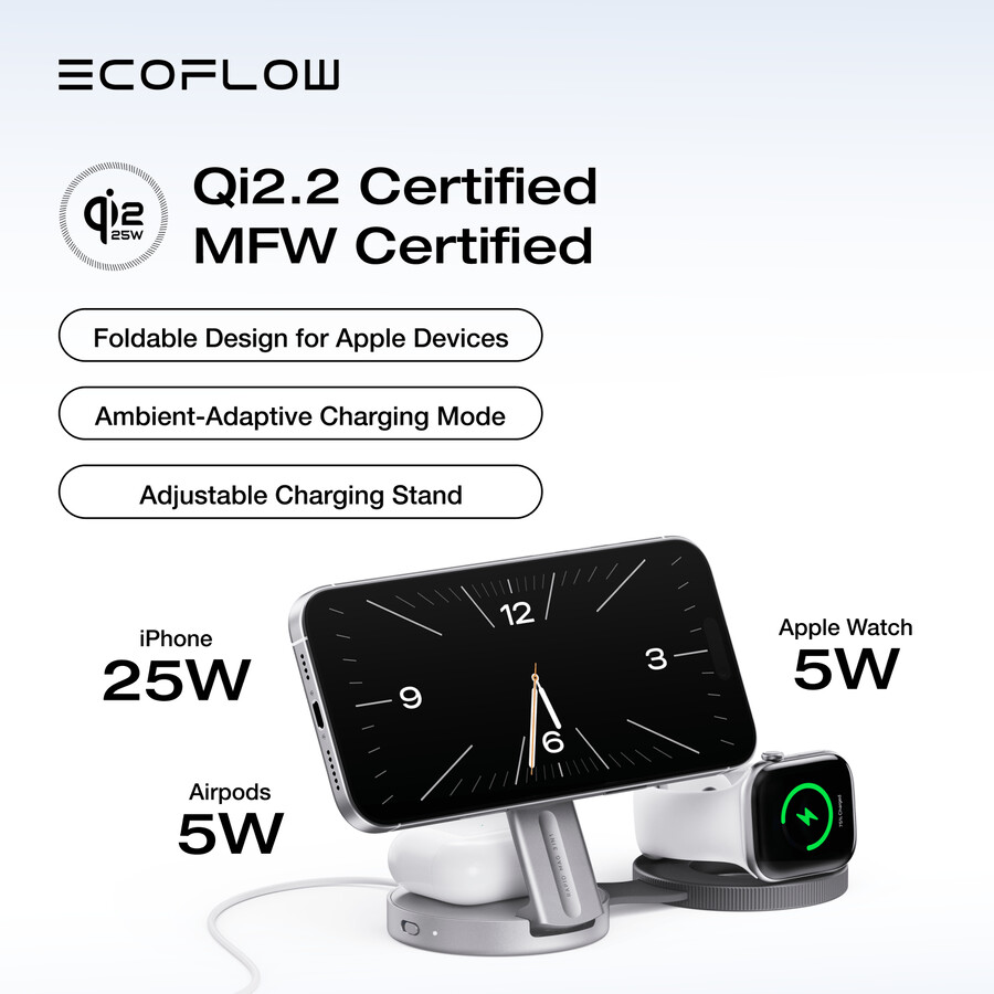estación de carga inalámbrica ecoflow rapid mag qi2.2 3 en 1 plegable
